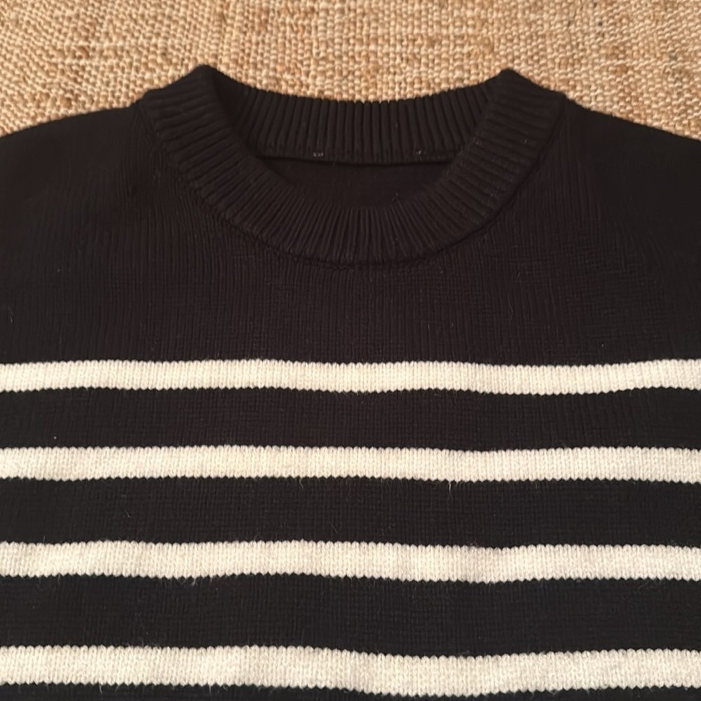 Black and White Striped Crew Neck Sweater Knit - Picture 3 of 6